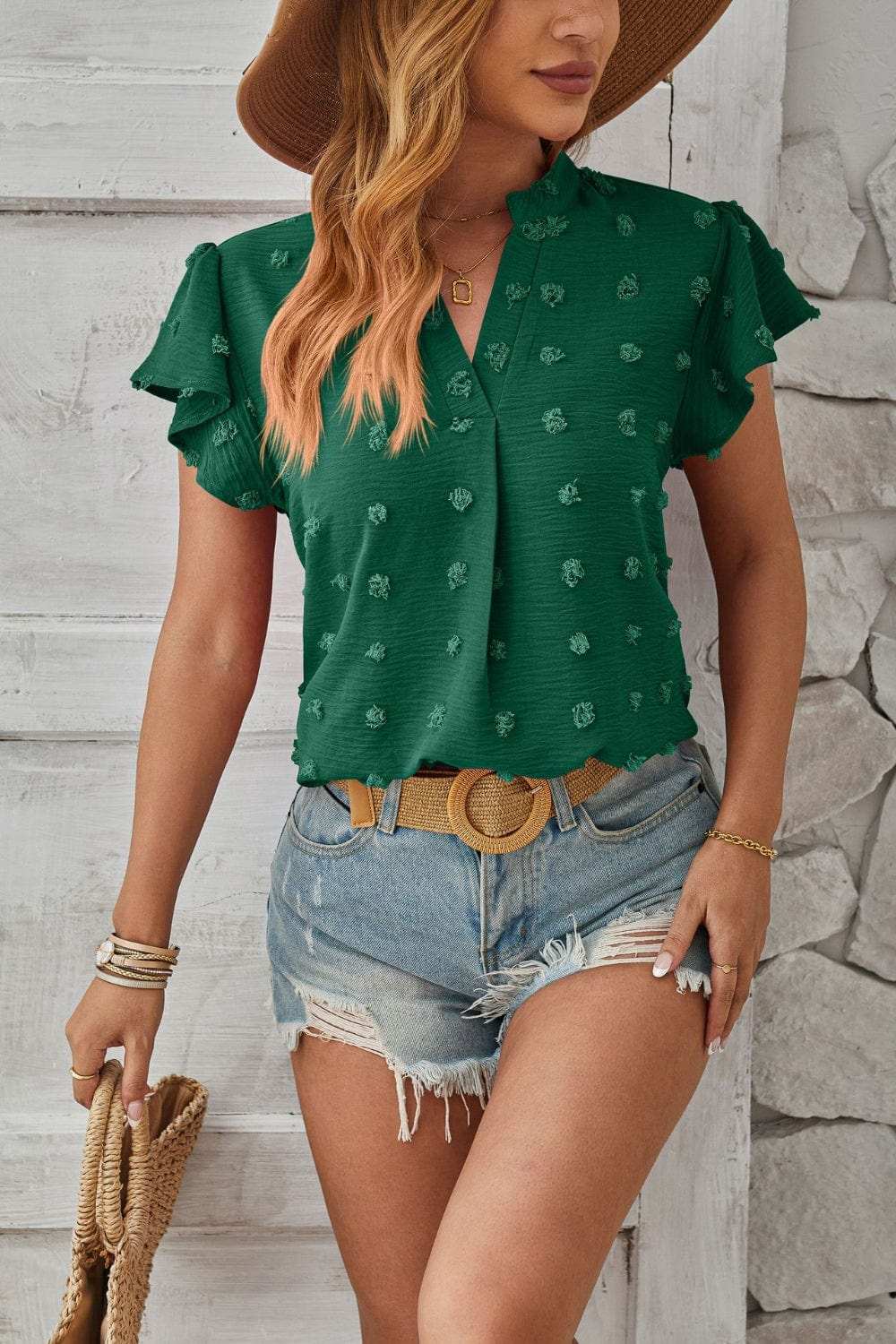 Swiss Dot Notched Cap Sleeve T-Shirt - Trendsi - Flyclothing LLC