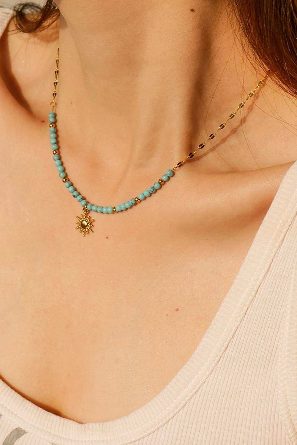 Turquoise Beaded 18K Gold-Plated Sun Shape Pendant Necklace - Trendsi - Flyclothing LLC