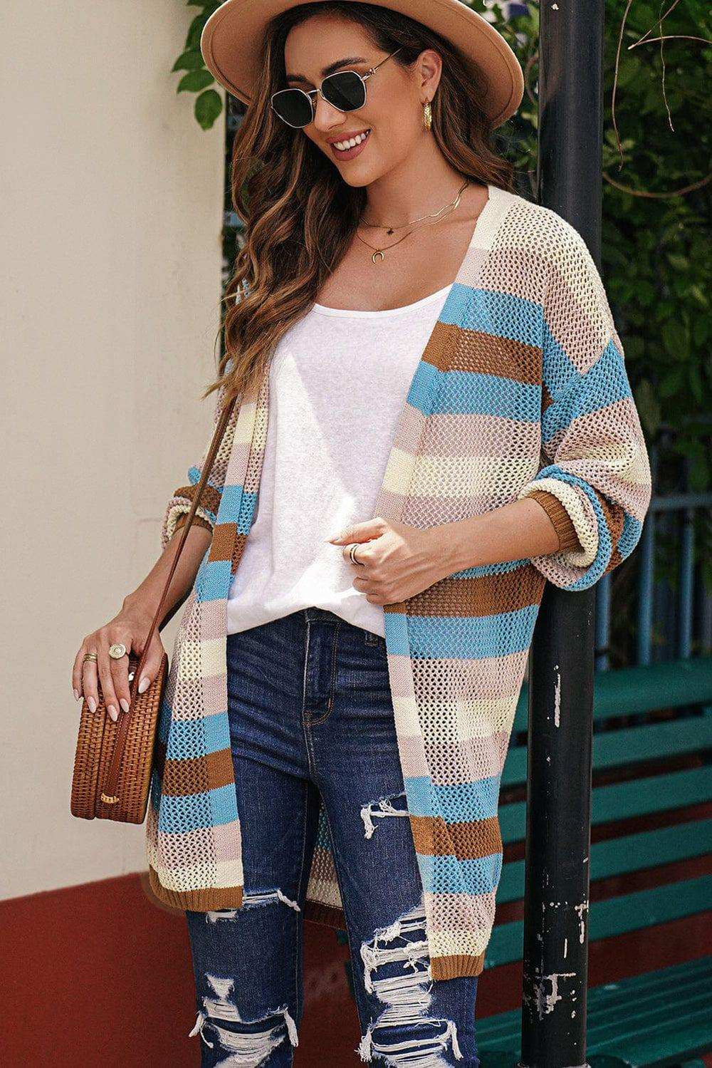Full Size Striped Long Sleeve Openwork Cardigan - Trendsi - Flyclothing LLC