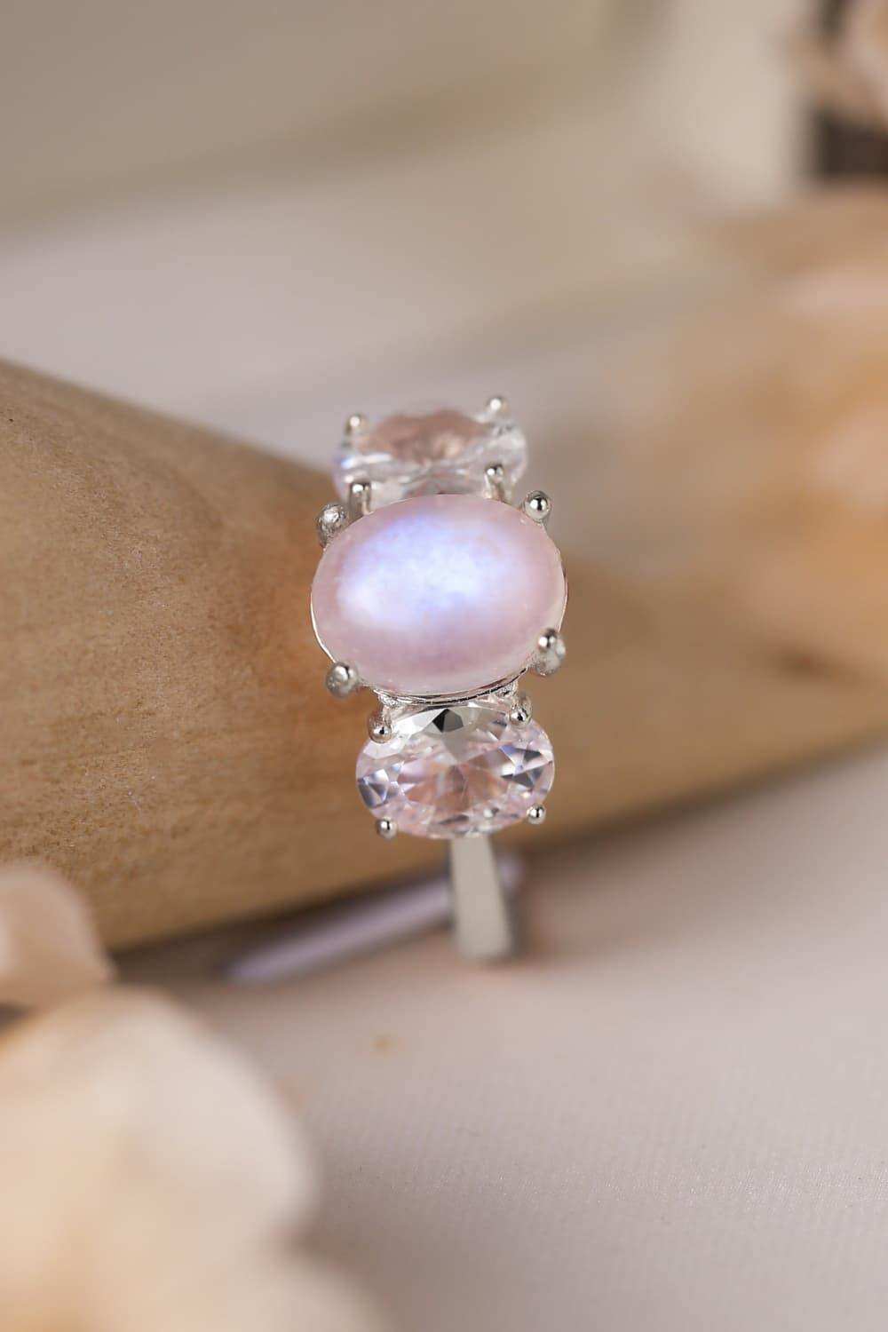 High Quality Natural Moonstone 925 Sterling Silver Three Stone Ring - Trendsi - Flyclothing LLC