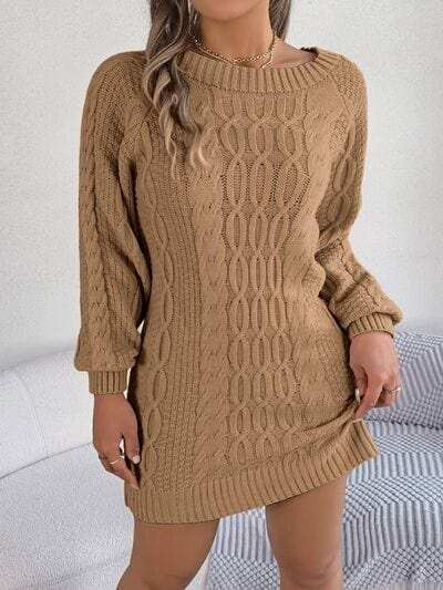 Cable-Knit Round Neck Sweater Dress - Trendsi - Flyclothing LLC