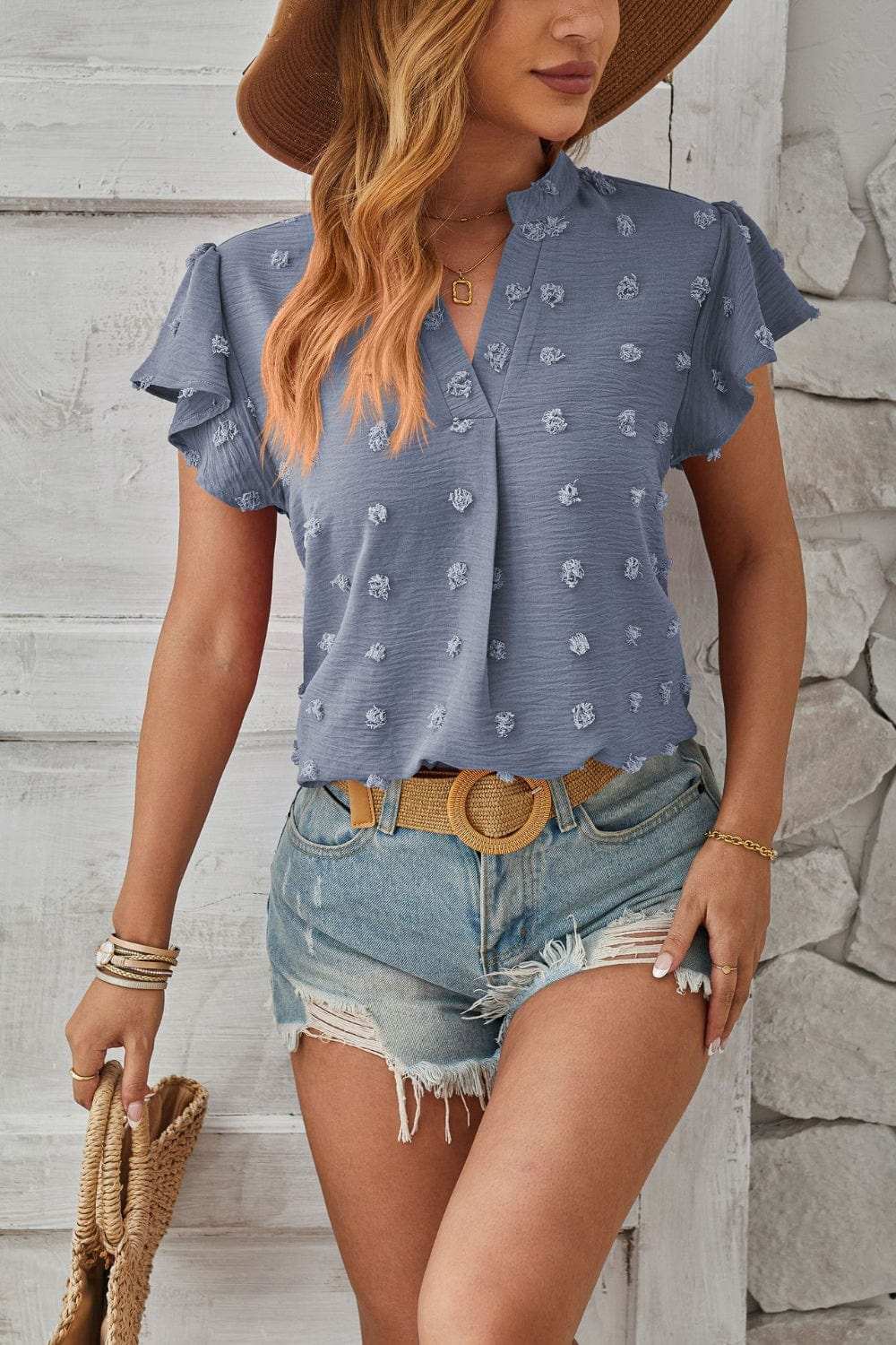 Swiss Dot Notched Cap Sleeve T-Shirt - Trendsi - Flyclothing LLC