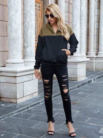 Pocketed Color Block Quarter Zip Hoodie - Trendsi - Flyclothing LLC