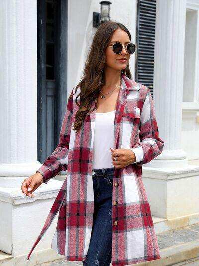 Plaid Belted Collared Neck Button Up Jacket - Trendsi - Flyclothing LLC