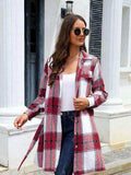Plaid Belted Collared Neck Button Up Jacket - Trendsi - Flyclothing LLC