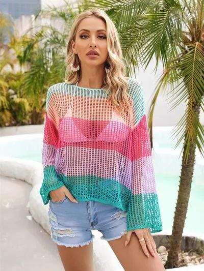 Color Block Openwork Boat Neck Cover Up - Trendsi - Flyclothing LLC