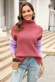 Color Block Turtleneck Slit Sweater - Trendsi - Flyclothing LLC