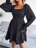 Smocked Flounce Sleeve Square Neck Dress - Trendsi - Flyclothing LLC