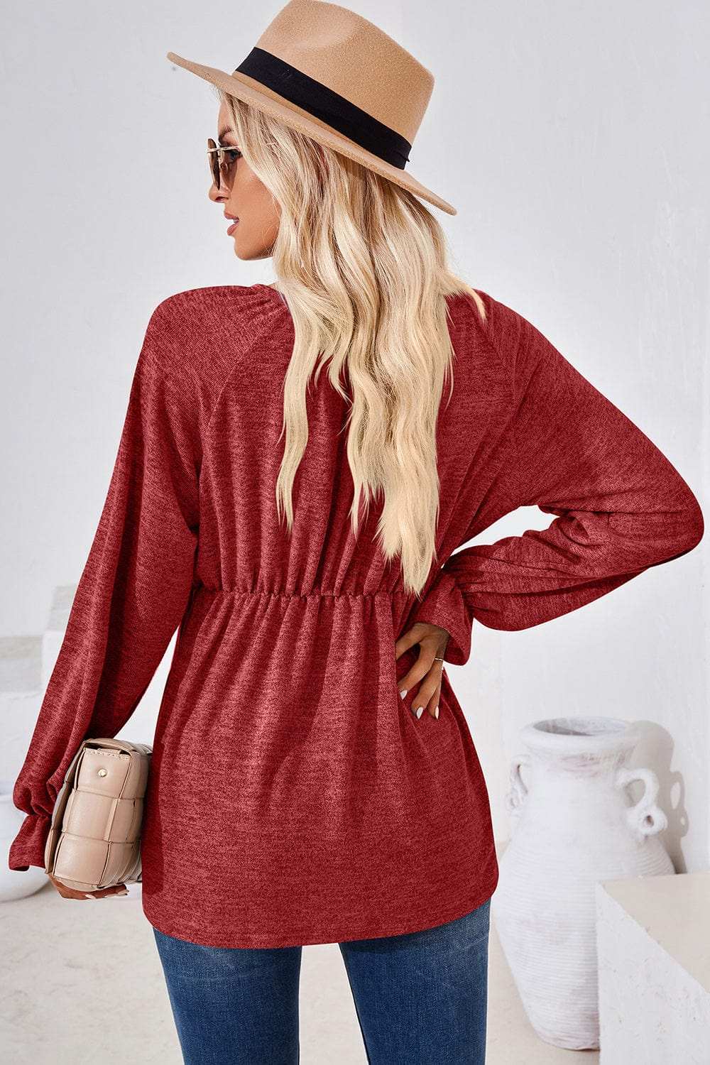 Ruched Round Neck Flounce Sleeve Blouse - Trendsi - Flyclothing LLC