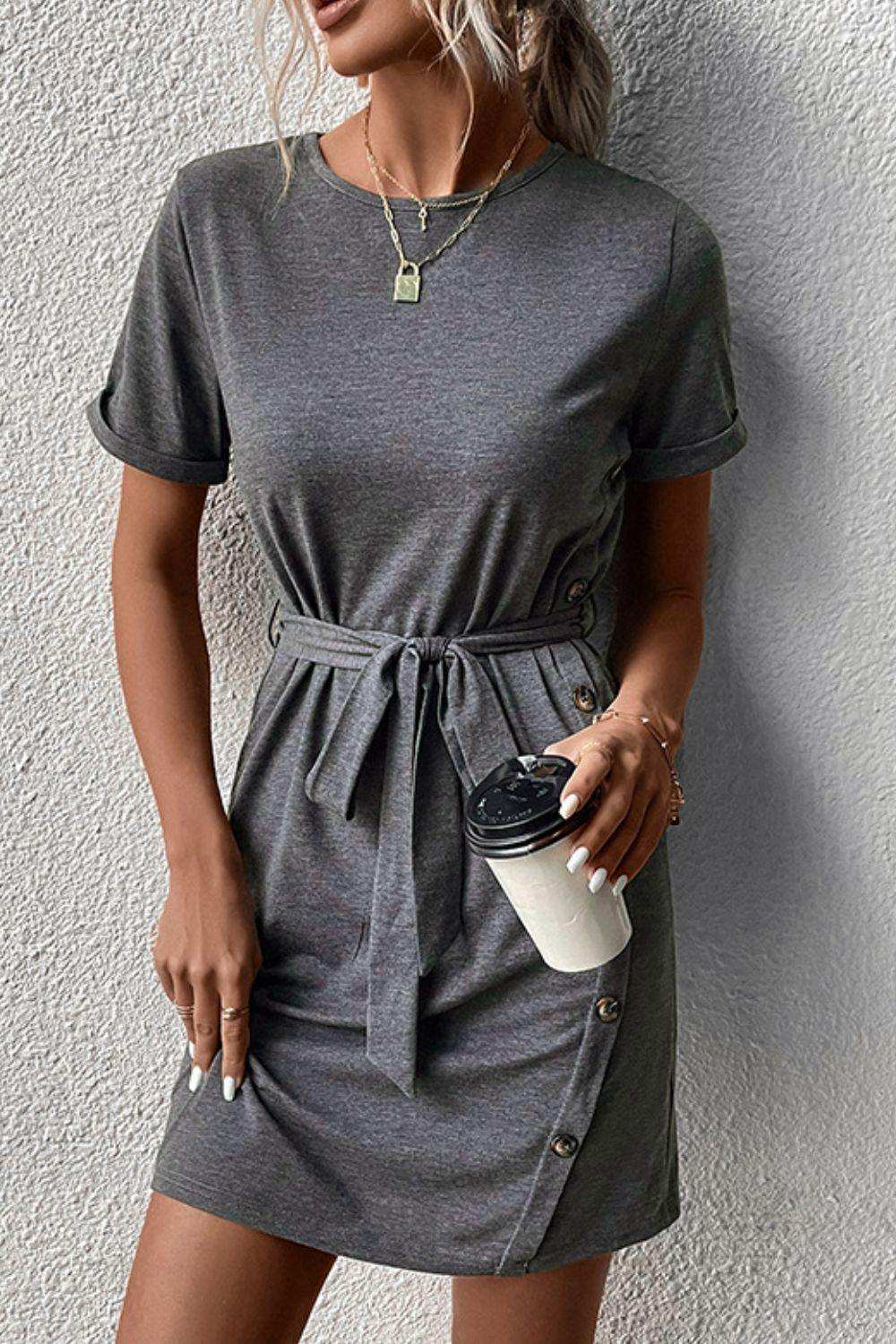 Decorative Button Tie-Waist Cuffed Sleeve Tee Dress - Trendsi - Flyclothing LLC