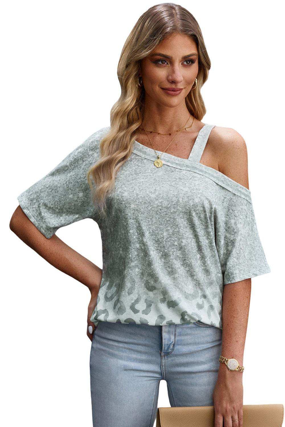 Leopard Asymmetrical Neck Cold-Shoulder Blouse - Trendsi - Flyclothing LLC
