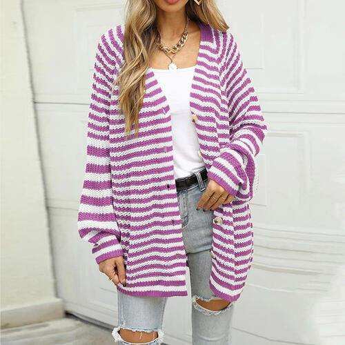 Striped Button Down Long Sleeve Cardigan - Trendsi - Flyclothing LLC
