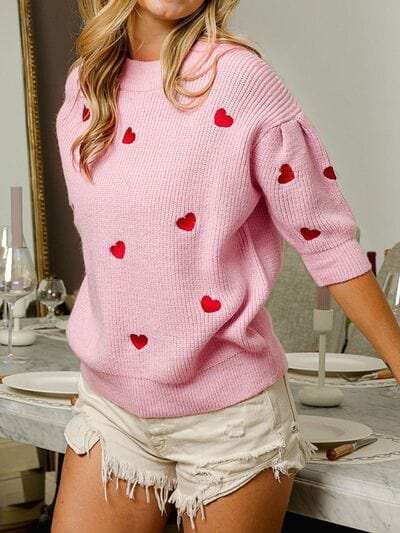 Heart Embroidered Dropped Shoulder Sweater - Trendsi - Flyclothing LLC