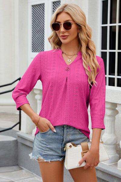 Eyelet Notched Knit Jacquard Top - Trendsi - Flyclothing LLC