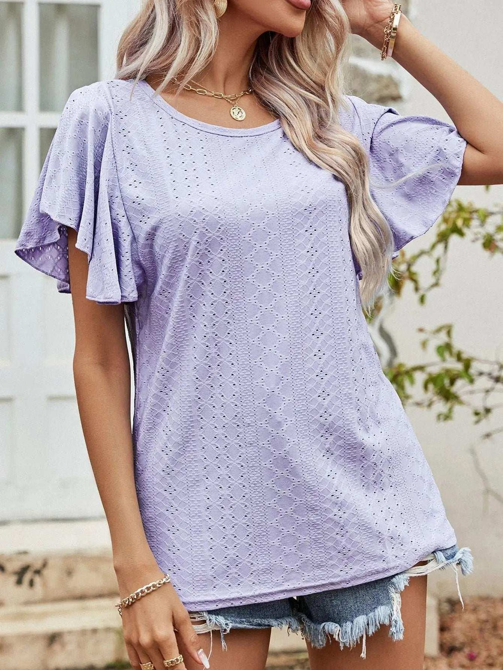 Round Neck Flutter Sleeve Blouse - Trendsi - Flyclothing LLC
