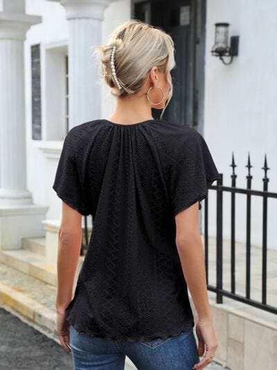 Eyelet Tie Neck Flutter Sleeve Blouse - Trendsi - Flyclothing LLC