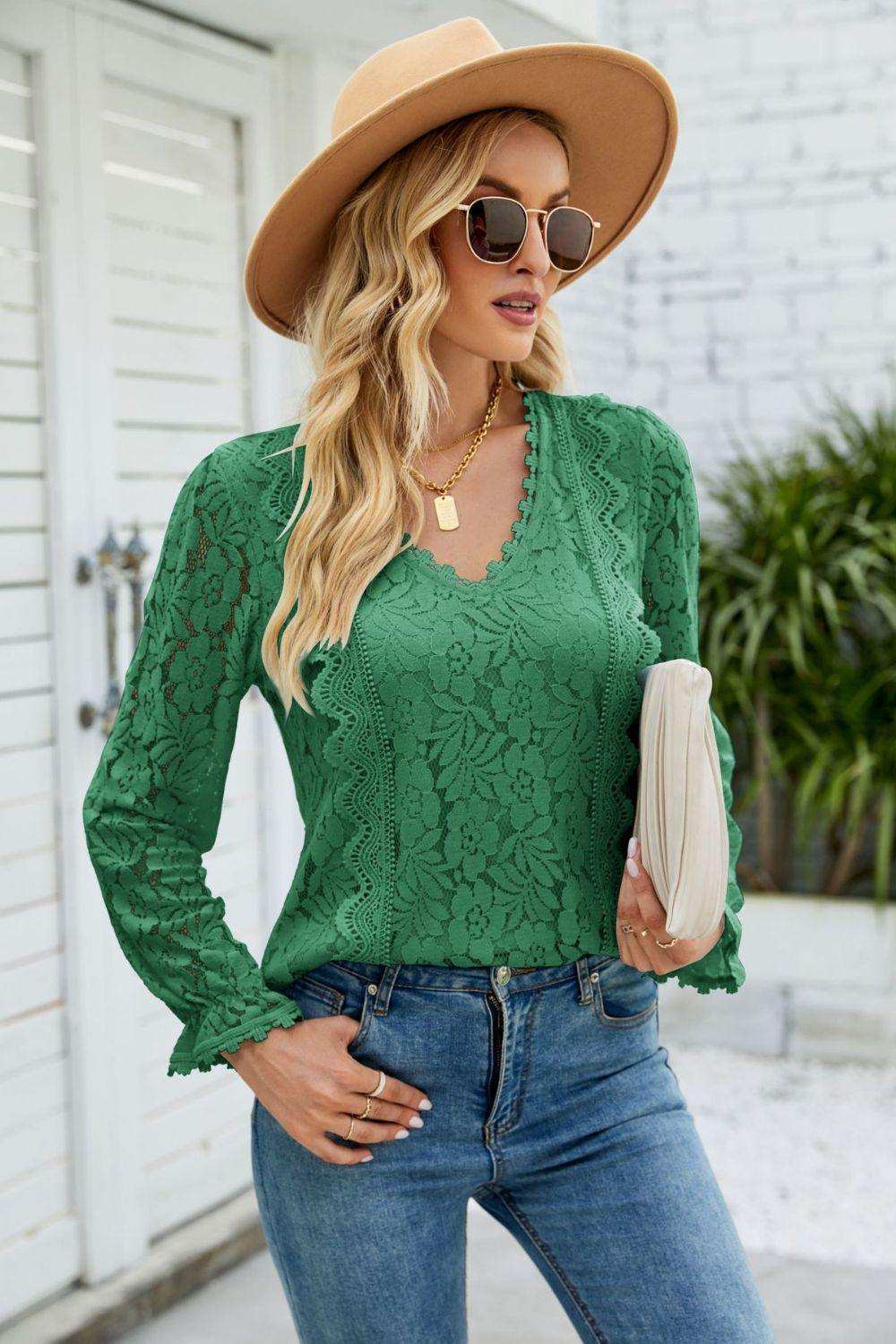 V-Neck Flounce Sleeve Lace Top - Trendsi - Flyclothing LLC