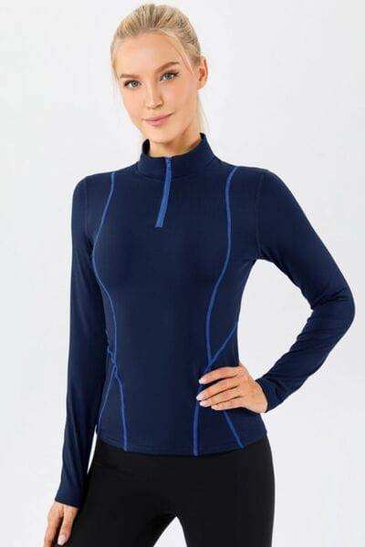 Mock Neck Quarter Zip Active T-Shirt - Trendsi - Flyclothing LLC