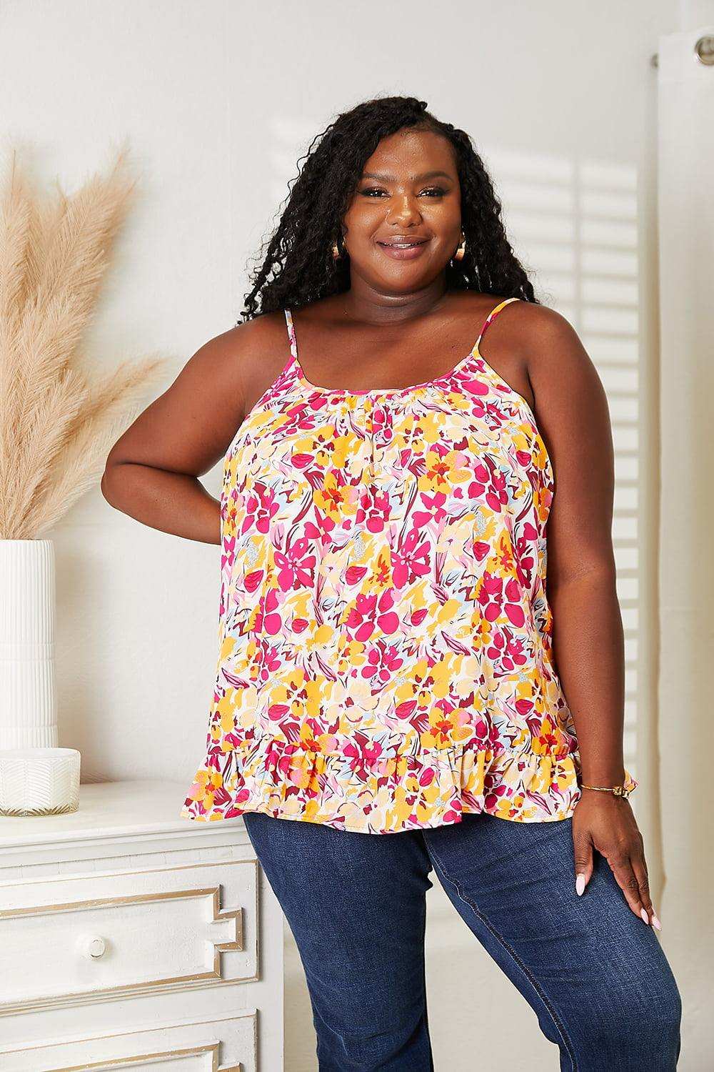 Double Take Floral Scoop Neck Ruffle Hem Cami - Trendsi - Flyclothing LLC