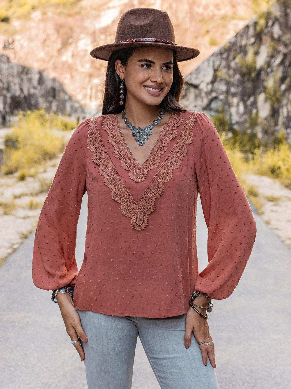 Swiss Dot V-Neck Blouse - Trendsi - Flyclothing LLC