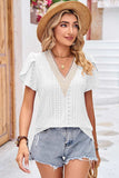 Eyelet V-Neck Petal Sleeve T-Shirt - Trendsi - Flyclothing LLC