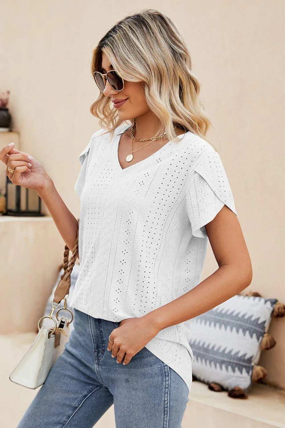 Eyelet Petal Sleeve V-Neck Knit Top - Trendsi - Flyclothing LLC