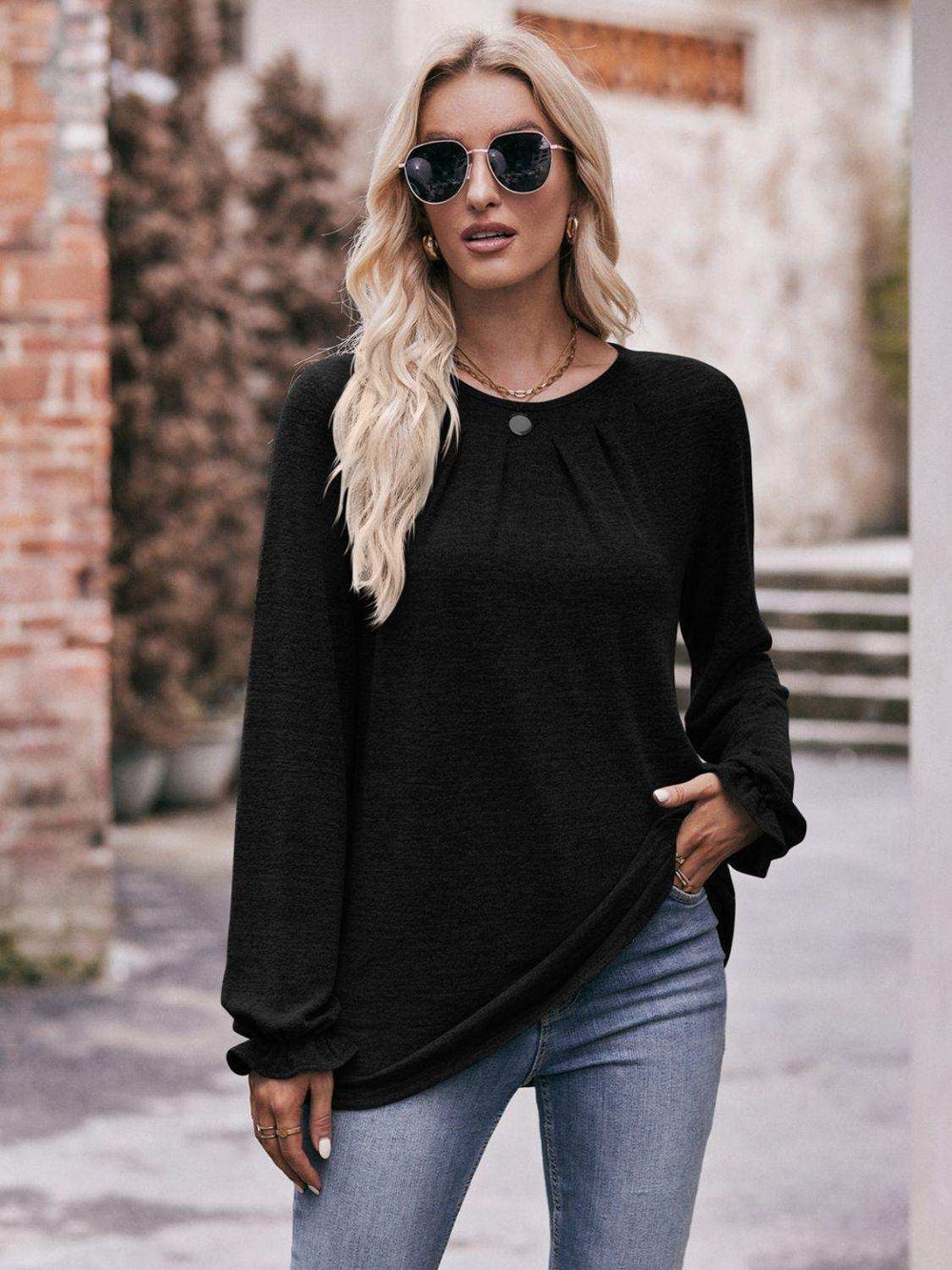 Long Flounce Sleeve Round Neck Blouse - Trendsi - Flyclothing LLC
