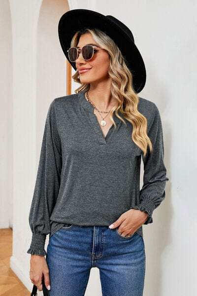 Notched Lantern Sleeve T-Shirt - Trendsi - Flyclothing LLC