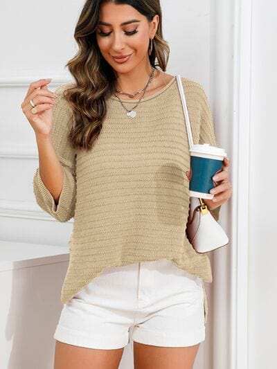 Rolled Round Neck Dropped Shoulder Slit Sweater - Trendsi - Flyclothing LLC