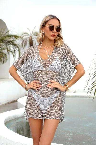 Openwork V-Neck Half Sleeve Cover Up - Trendsi - Flyclothing LLC