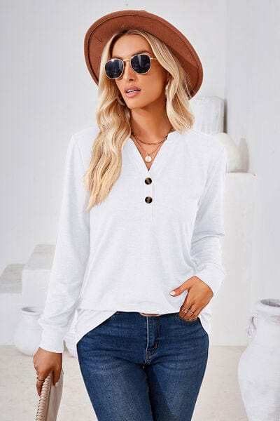 Notched Button Detail Long Sleeve T-Shirt - Trendsi - Flyclothing LLC