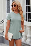 Eyelet Slit Round Neck Short Sleeve T-Shirt - Trendsi - Flyclothing LLC
