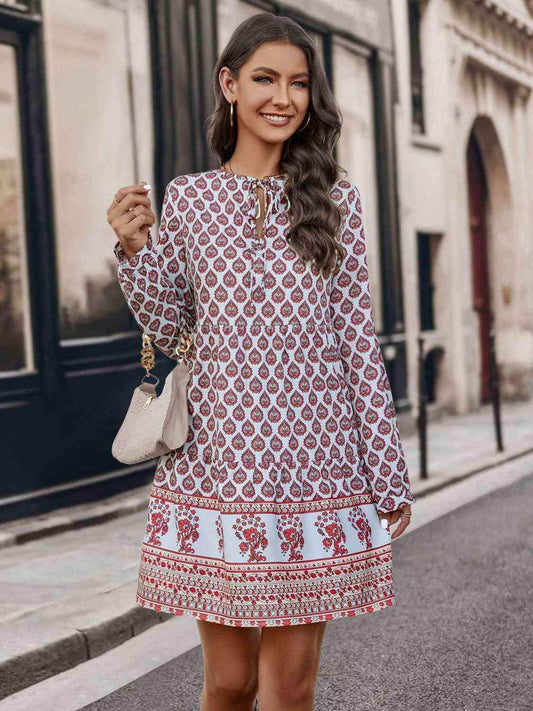Printed Tie Neck Long Sleeve Dress - Trendsi - Flyclothing LLC
