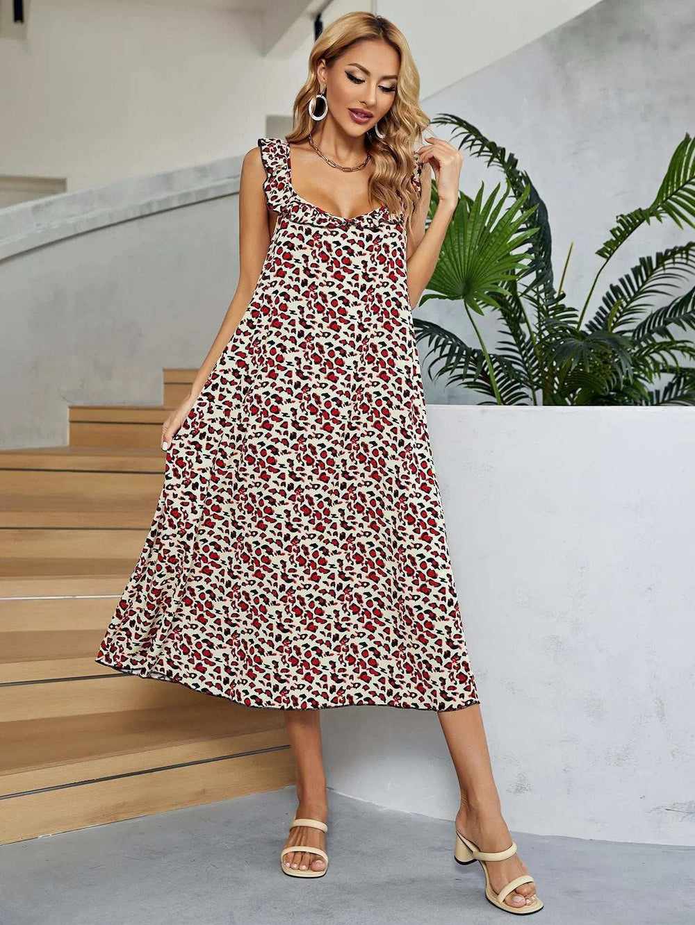 Printed Ruffled Sleeveless Midi Dress - Trendsi - Flyclothing LLC