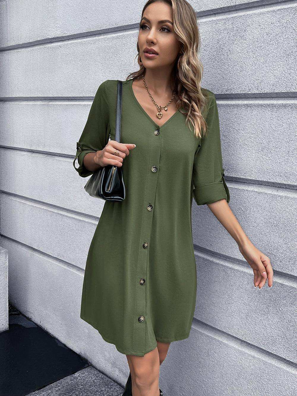 Button Down V-Neck Mini Dress - Trendsi - Flyclothing LLC
