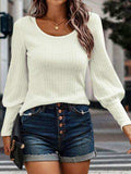Ribbed Round Neck Lantern Sleeve Knit Top - Trendsi - Flyclothing LLC