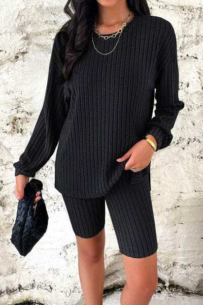 Ribbed Round Neck Dropped Shoulder Top and Shorts Set - Trendsi - Flyclothing LLC