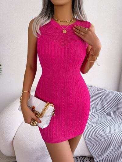 Cable-Knit Round Neck Sleeveless Sweater Dress - Trendsi - Flyclothing LLC