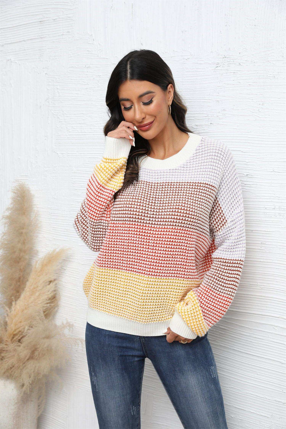 Waffle-Knit Round Neck Dropped Shoulder Color Block Sweater - Trendsi - Flyclothing LLC