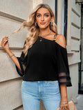 Asymmetrical Neck Sheer Striped Flare Sleeve Blouse - Trendsi - Flyclothing LLC