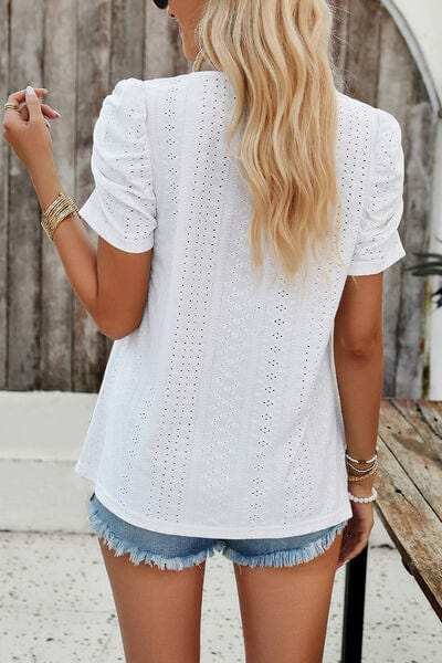 Eyelet Square Neck Puff Sleeve T-Shirt - Trendsi - Flyclothing LLC