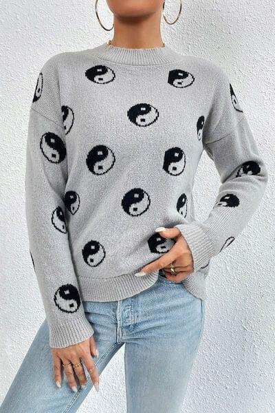 Graphic Mock Neck Dropped Shoulder Sweater - Trendsi - Flyclothing LLC