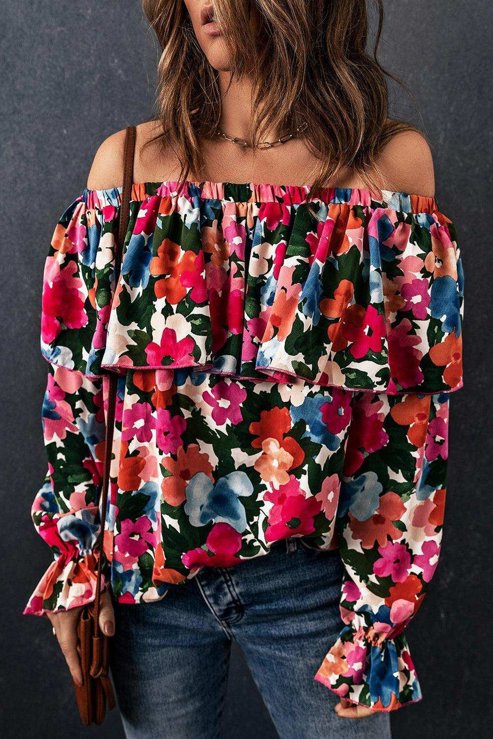 Floral Off-Shoulder Flounce Sleeve Layered Blouse - Trendsi - Flyclothing LLC