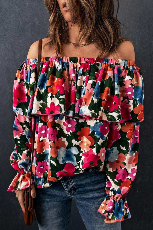 Floral Off-Shoulder Flounce Sleeve Layered Blouse - Trendsi - Flyclothing LLC