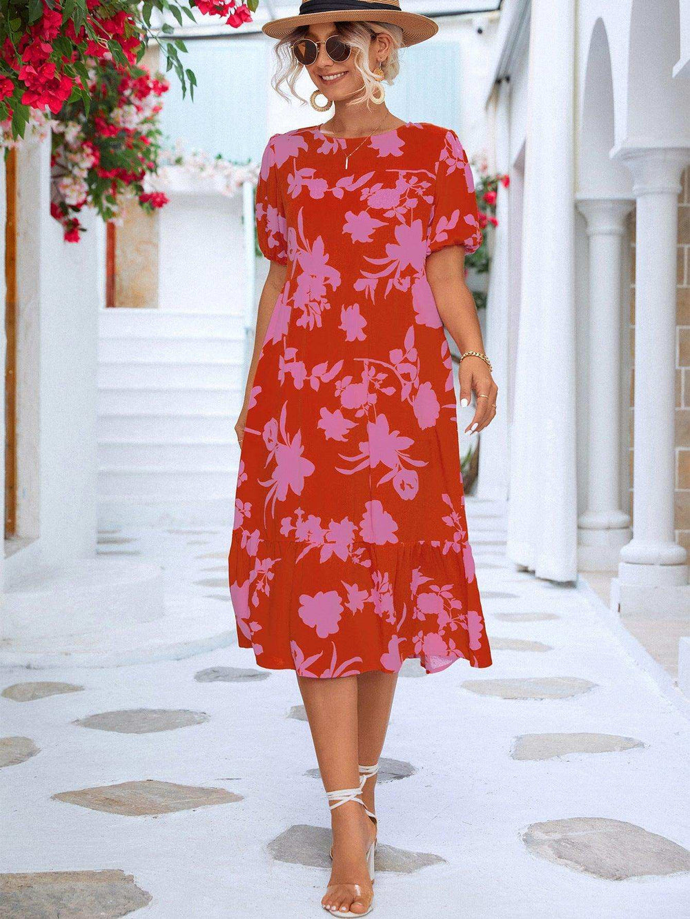 Floral Puff Sleeve Ruffle Hem Midi Dress - Trendsi - Flyclothing LLC