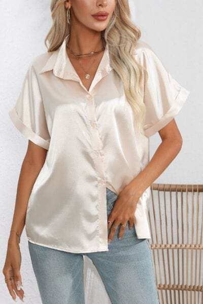 Collared Neck Short Sleeve Shirt - Trendsi - Flyclothing LLC