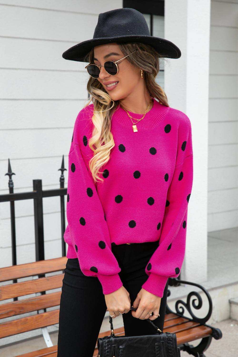 Polka Dot Round Neck Dropped Shoulder Sweater - Trendsi - Flyclothing LLC