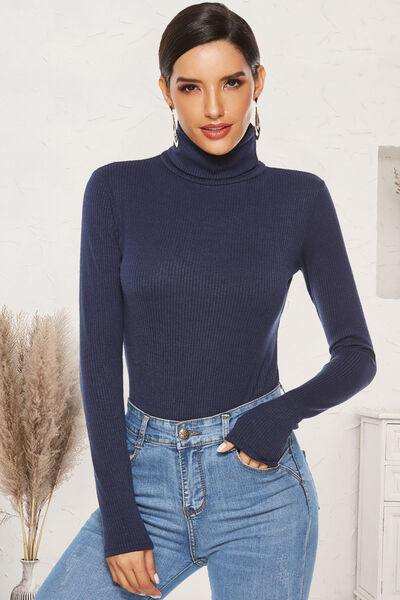 Ribbed Turtleneck Long Sleeve Bodysuit - Trendsi - Flyclothing LLC