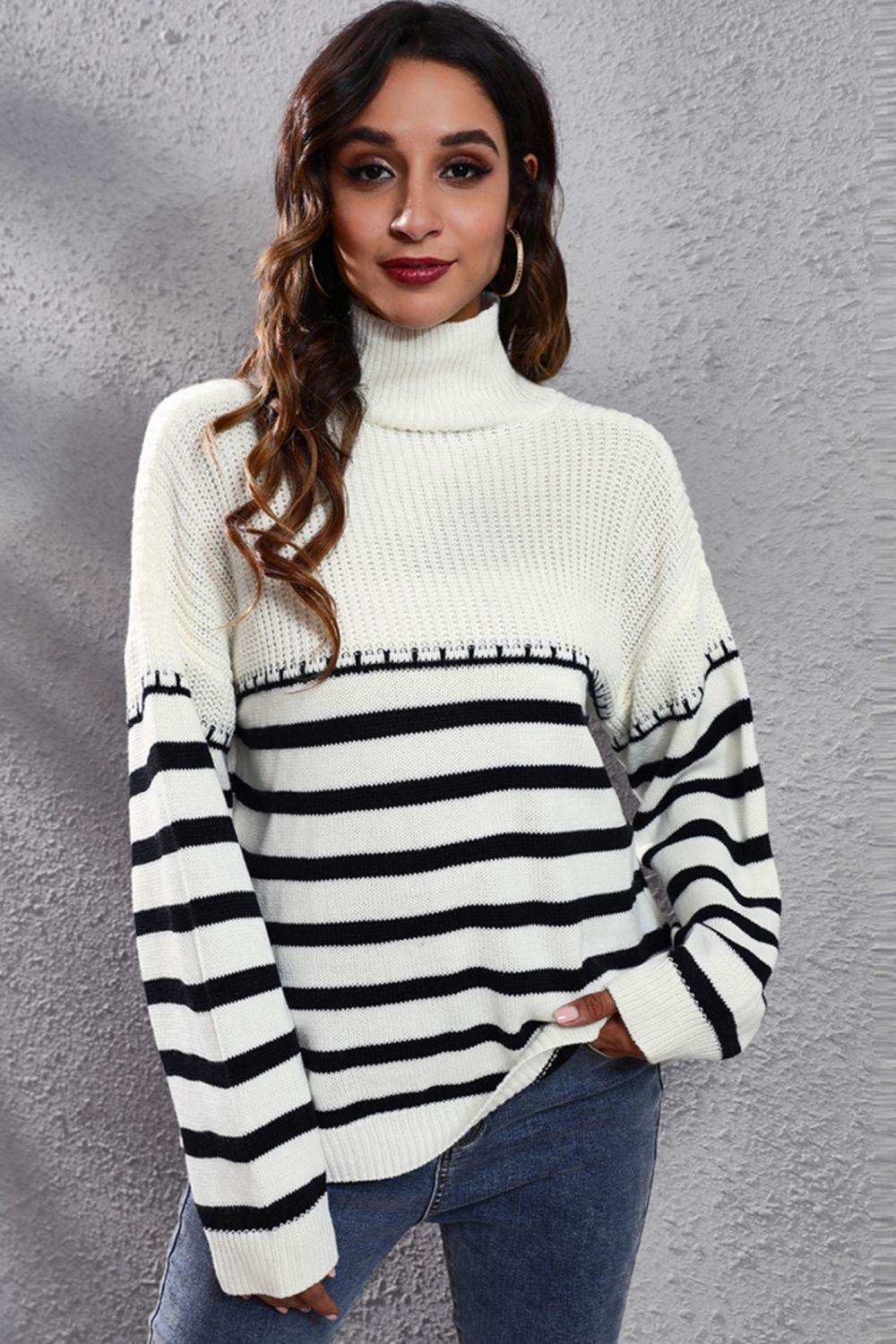 Striped Turtleneck Drop Shoulder Sweater - Trendsi - Flyclothing LLC