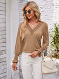 Smocked V-Neck Long Sleeve Blouse - Trendsi - Flyclothing LLC